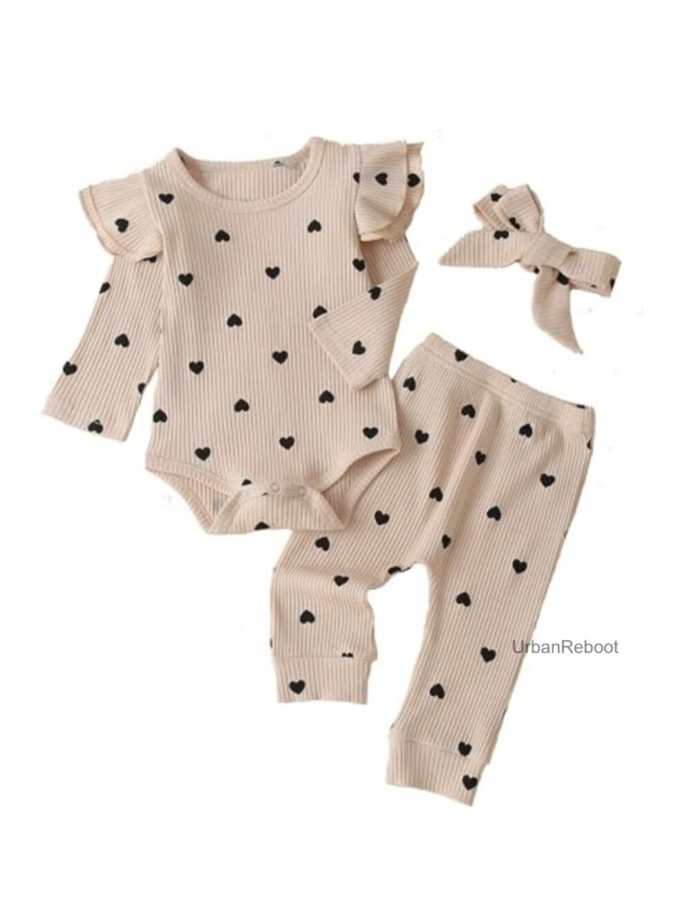 Cotton rib 3pc romper pant set with headband